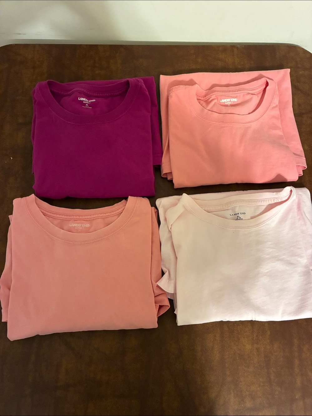 Lands' End XL Four-Pack Crew Neck Tees in Magenta, Coral, Peach, Light Pink